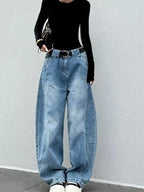 Blue Women's High Waist Washed Barrel Leg Jeans — Talia Zip-Fly Wide-Leg Patched - Front Full Crop