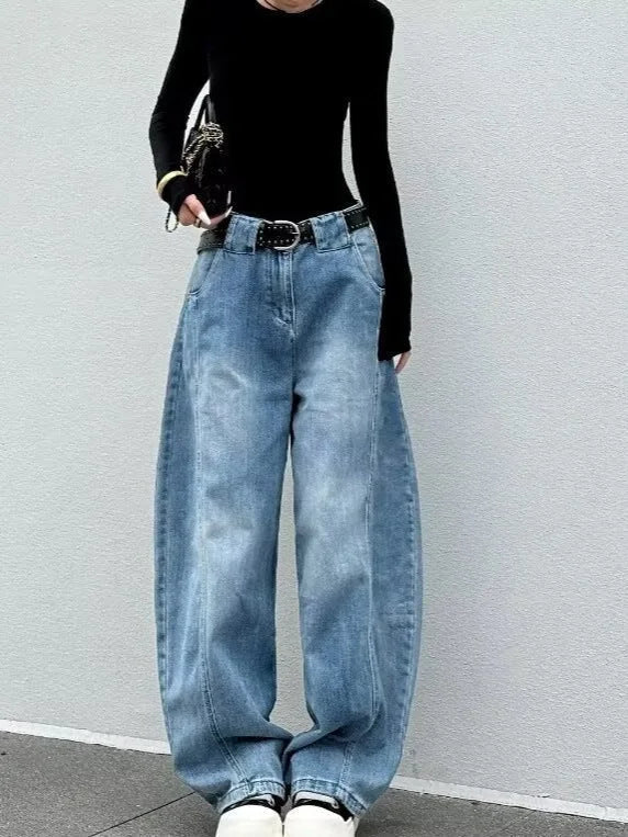Blue Women's High Waist Washed Barrel Leg Jeans — Talia Zip-Fly Wide-Leg Patched - Front Full Crop