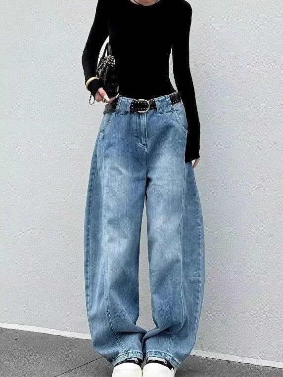 Blue Women's High Waist Washed Barrel Leg Jeans — Talia Zip-Fly Wide-Leg Patched - Front Full