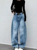 Blue Women's High Waist Washed Barrel Leg Jeans — Talia Zip-Fly Wide-Leg Patched - Front Full