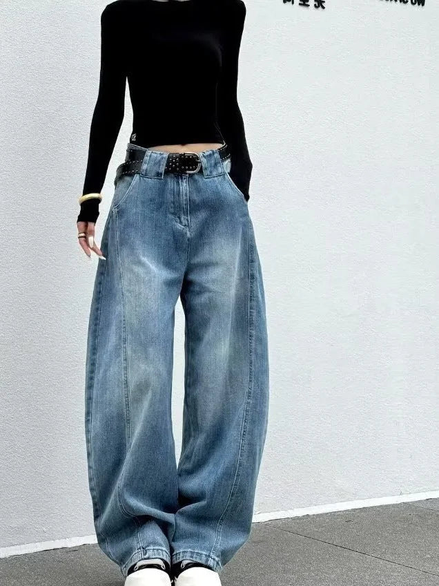 Blue Women's High Waist Washed Barrel Leg Jeans — Talia Zip-Fly Wide-Leg Patched - Front Waist Closeup
