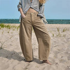 Beige Women's High-Waist Barrel Leg Jeans — Gloria Everyday Relaxed Ankle-Length - Front Beach Lifestyle
