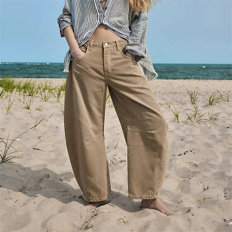 Beige Women's High-Waist Barrel Leg Jeans — Gloria Everyday Relaxed Ankle-Length - Front Beach Lifestyle