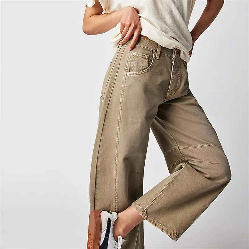 Beige Women's High-Waist Barrel Leg Jeans — Gloria Everyday Relaxed Ankle-Length - Side Pose
