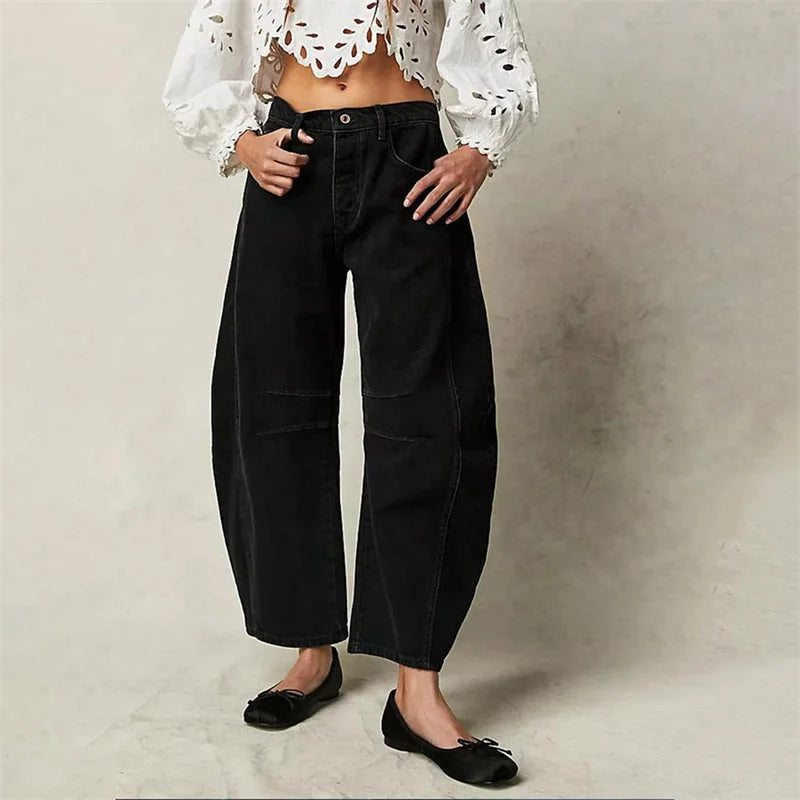 Black Women's High-Waist Barrel Leg Jeans — Gloria Everyday Relaxed Ankle-Length - Front Full