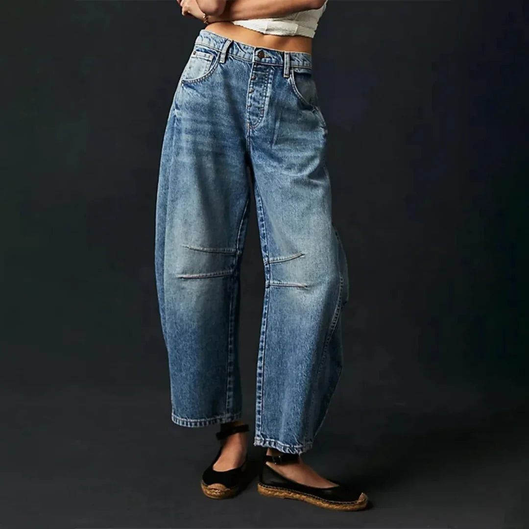 Blue Women's High-Waist Barrel Leg Jeans — Gloria Everyday Relaxed Ankle-Length - Front Worn Flats