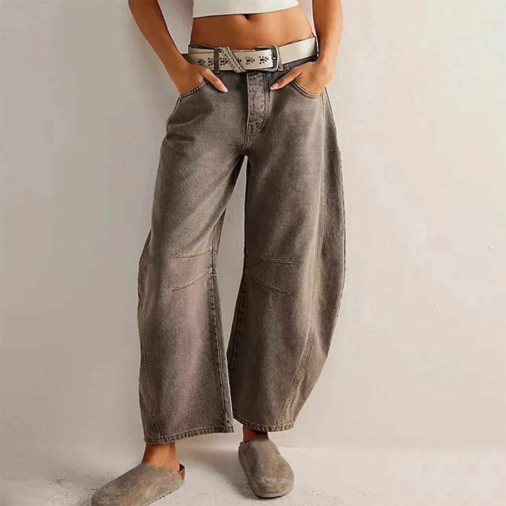 Gray Women's High-Waist Barrel Leg Jeans — Gloria Everyday Relaxed Ankle-Length - Front Belt Slides