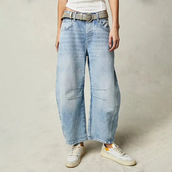 Light Blue Women's High-Waist Barrel Leg Jeans — Gloria Everyday Relaxed Ankle-Length - Front Full Belt