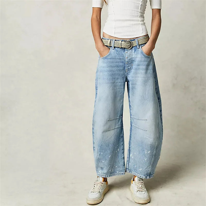 Light Blue Women's High-Waist Barrel Leg Jeans — Gloria Everyday Relaxed Ankle-Length - Front Full Lightblue