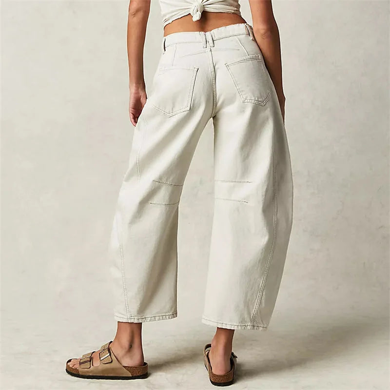 White Women's High-Waist Barrel Leg Jeans — Gloria Everyday Relaxed Ankle-Length - Back Full
