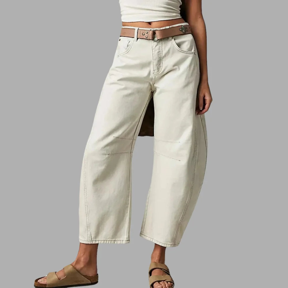 White Women's High-Waist Barrel Leg Jeans — Gloria Everyday Relaxed Ankle-Length - Front Belt Sandals