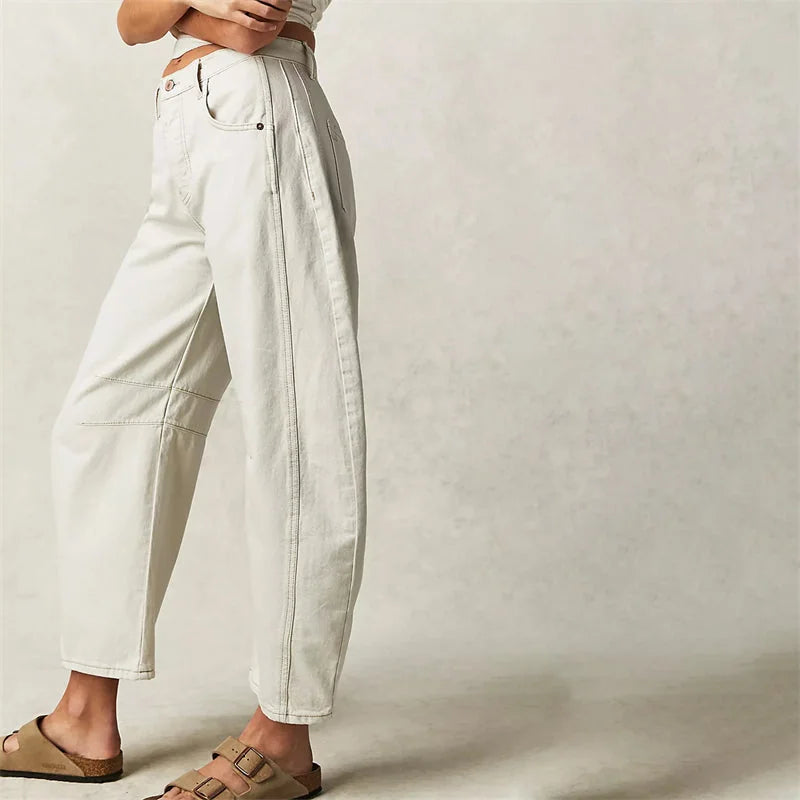 White Women's High-Waist Barrel Leg Jeans — Gloria Everyday Relaxed Ankle-Length - Side Pose