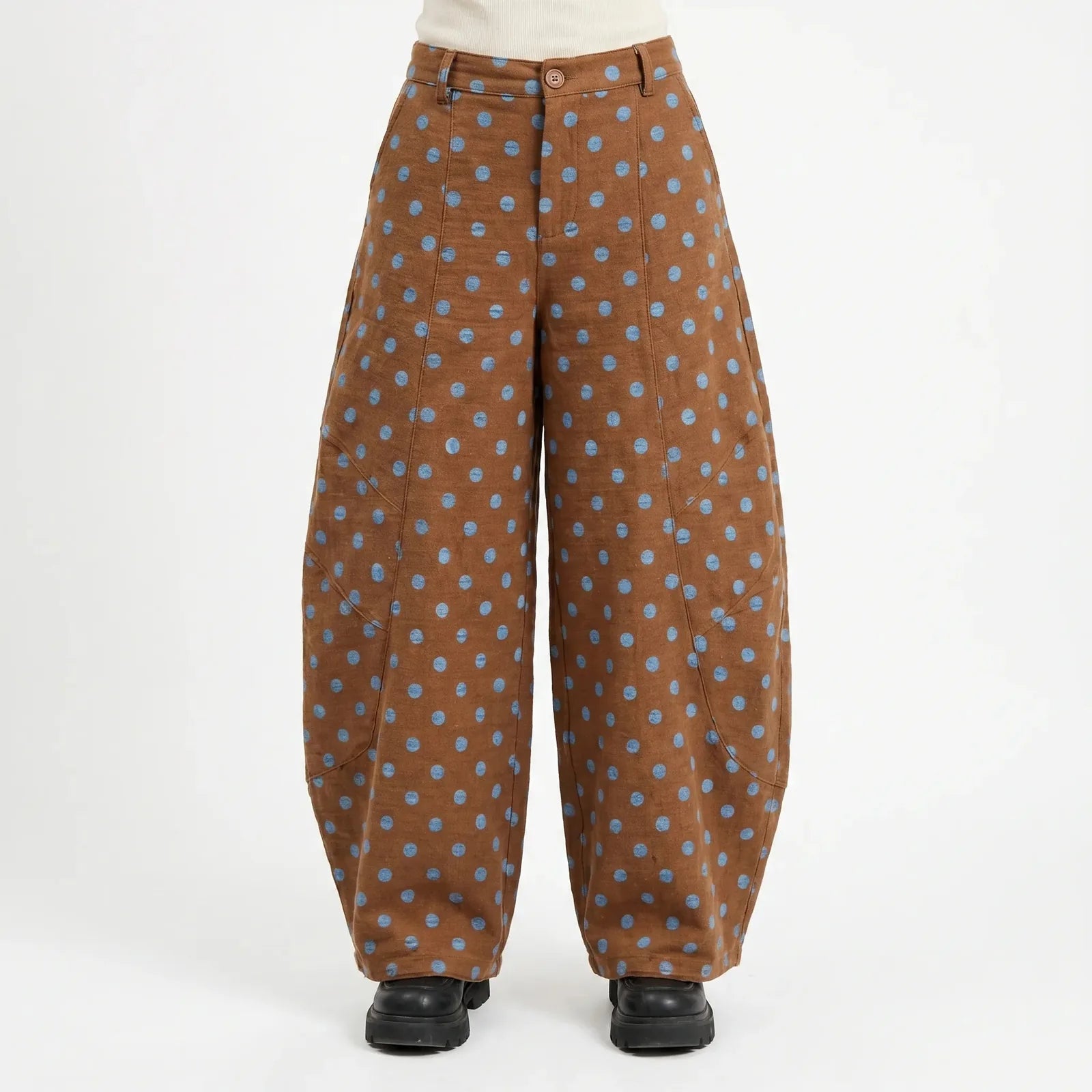 Brown Women's Barrel Leg Jeans — Hailey Wide-Leg Polka High-Waisted - Front Full