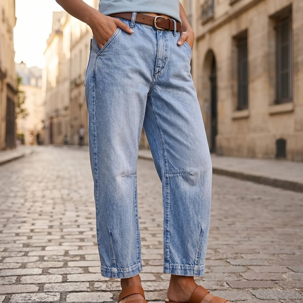 Light Blue Women's High-Waisted Cropped Barrel Leg Jeans — Lyra Light-Wash Curved-Seam - Close Up Belt Pockets