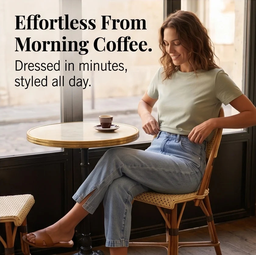 Light Blue Women's High-Waisted Cropped Barrel Leg Jeans — Lyra Light-Wash Curved-Seam - Seated Cafe Pose
