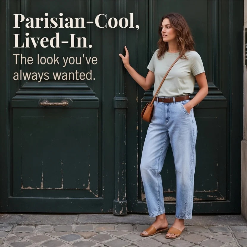 Light Blue Women's High-Waisted Cropped Barrel Leg Jeans — Lyra Light-Wash Curved-Seam - Standing Door Pose