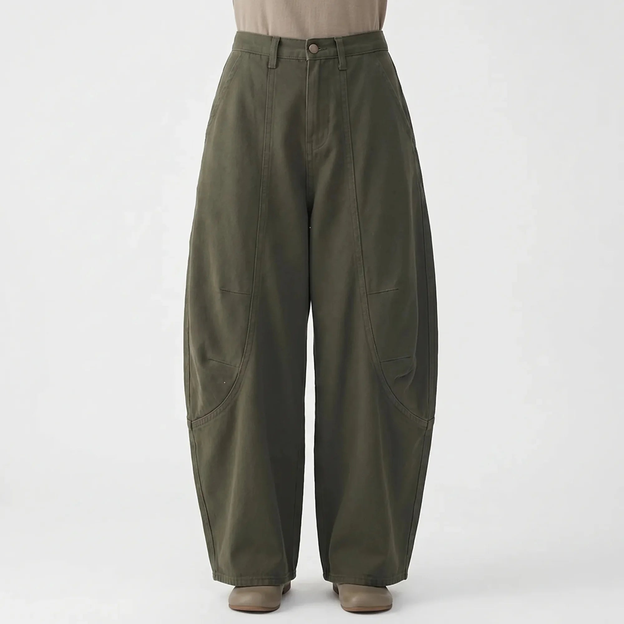 Green Women's Barrel Leg Jeans — Persephone Button-Front High-Rise Wide-Leg - Front Full