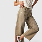 Beige Women's High-Waist Barrel Leg Jeans — Sofia Denim Curved Wide-Leg - Side Closeup Khaki