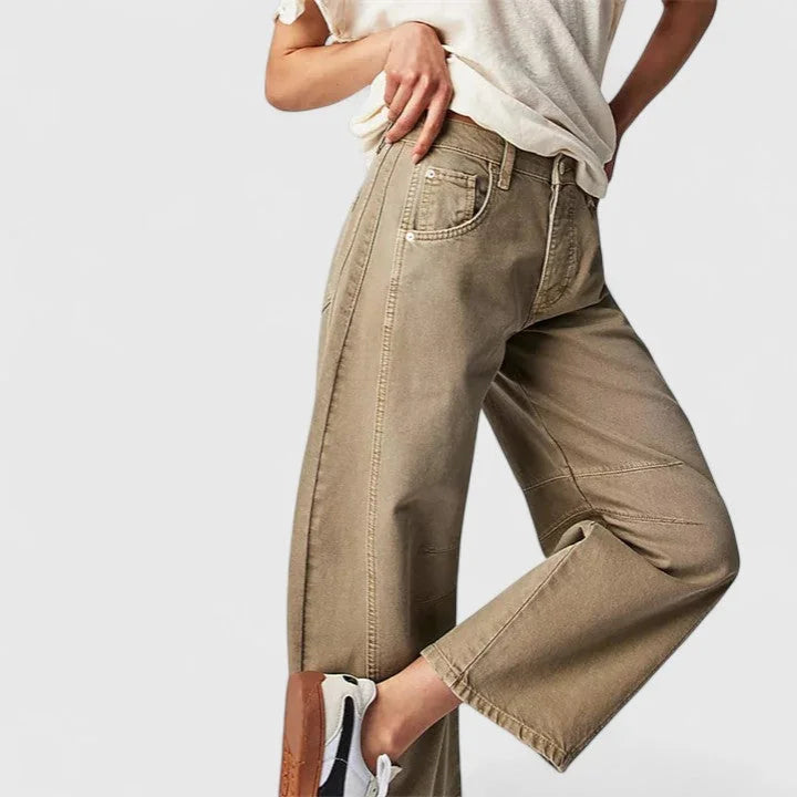Beige Women's High-Waist Barrel Leg Jeans — Sofia Denim Curved Wide-Leg - Side Closeup Khaki