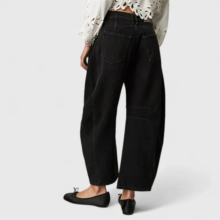 Black Women's High-Waist Barrel Leg Jeans — Sofia Denim Curved Wide-Leg - Back Full Dark