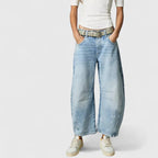Women's High-Waist Barrel Leg Jeans - Front Belted 2
