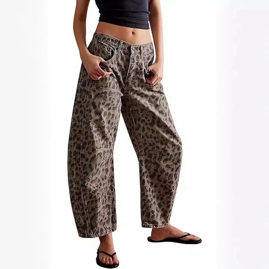 Leopard Women's Leopard Barrel Leg Jeans — Sonia Button-Front High-Waisted Relaxed - Front Cropped