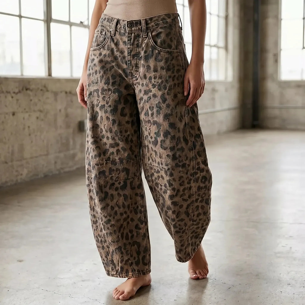 Leopard Women's Leopard Barrel Leg Jeans — Sonia Button-Front High-Waisted Relaxed - Front Full