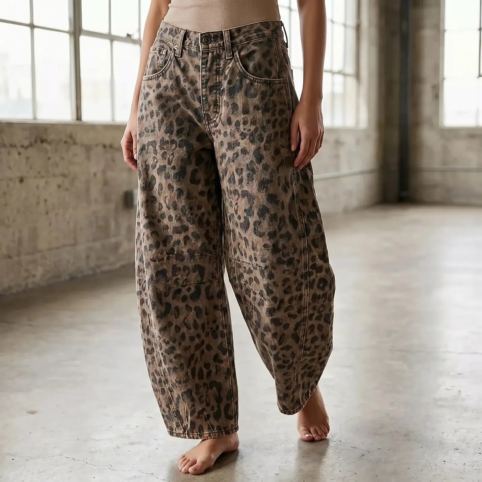 Leopard Women's Leopard Barrel Leg Jeans — Sonia Button-Front High-Waisted Relaxed - Front Full