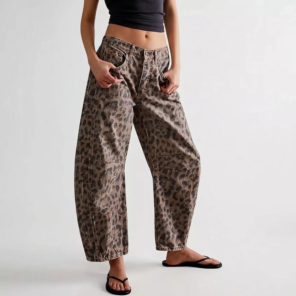 Leopard Women's Leopard Barrel Leg Jeans — Sonia Button-Front High-Waisted Relaxed - Hands In Pockets