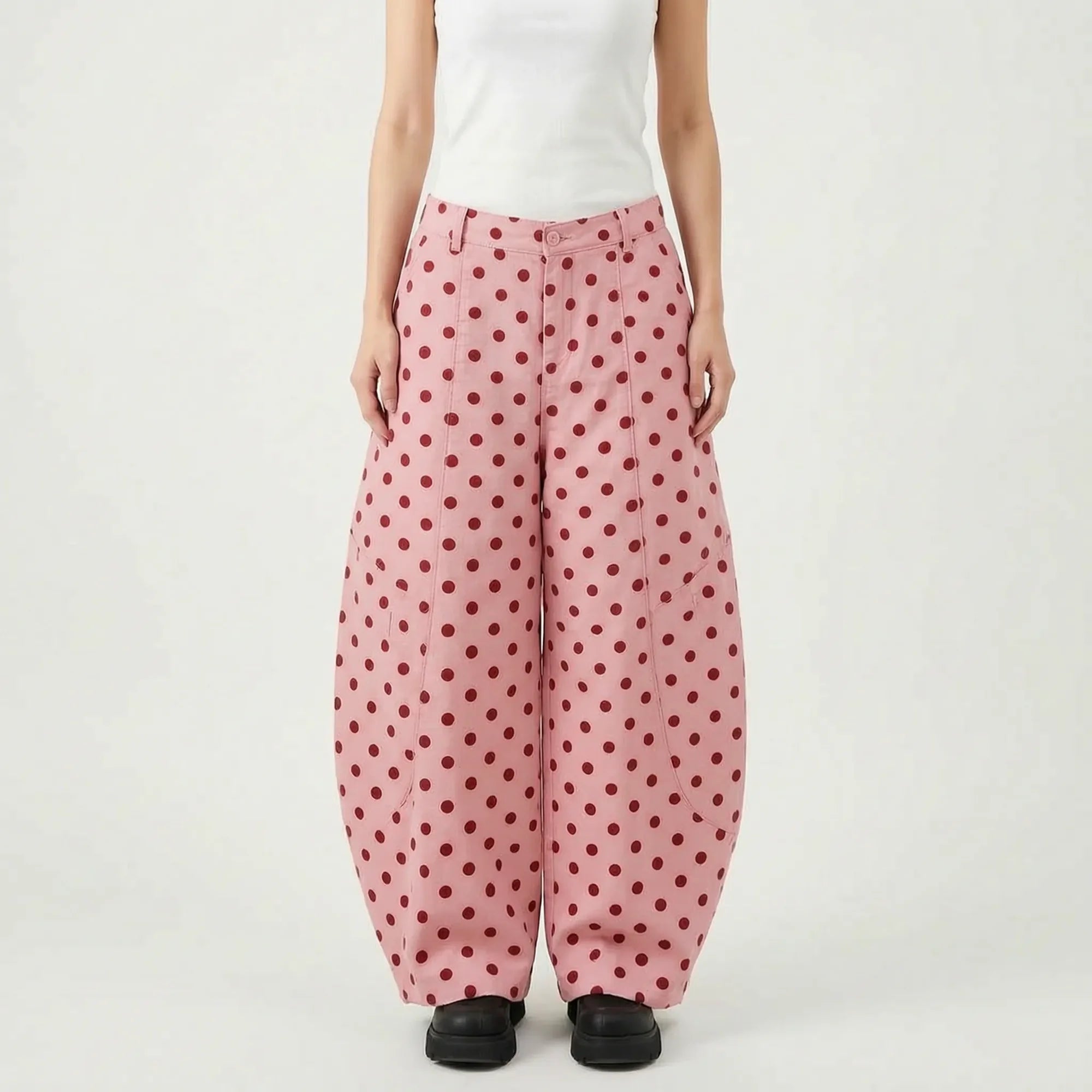 Pink Women's Barrel Leg Jeans — Hailey Wide-Leg Polka High-Waisted - Studio Full