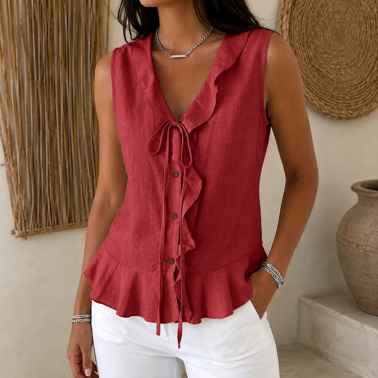 Wine Women's Ruffle V-Neck Blouse — Edith Button-Front Bow-Tie Peplum