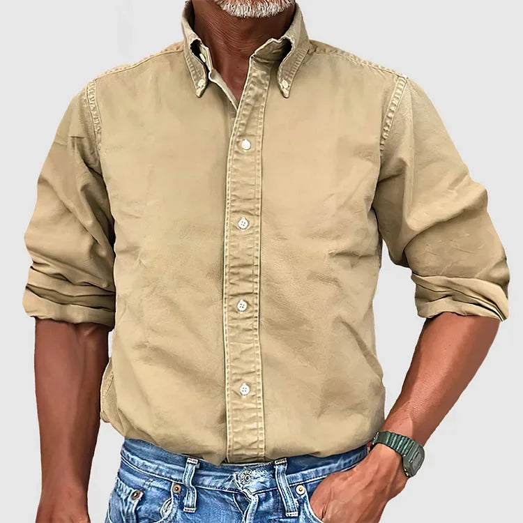 Beige Men's Beige Long Sleeve Button-Front Shirt — Beckett Relaxed-Fit Cotton Casual - Front Full Buttoned