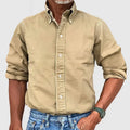 Beige Men's Beige Long Sleeve Button-Front Shirt — Beckett Relaxed-Fit Cotton Casual - Front Full Buttoned