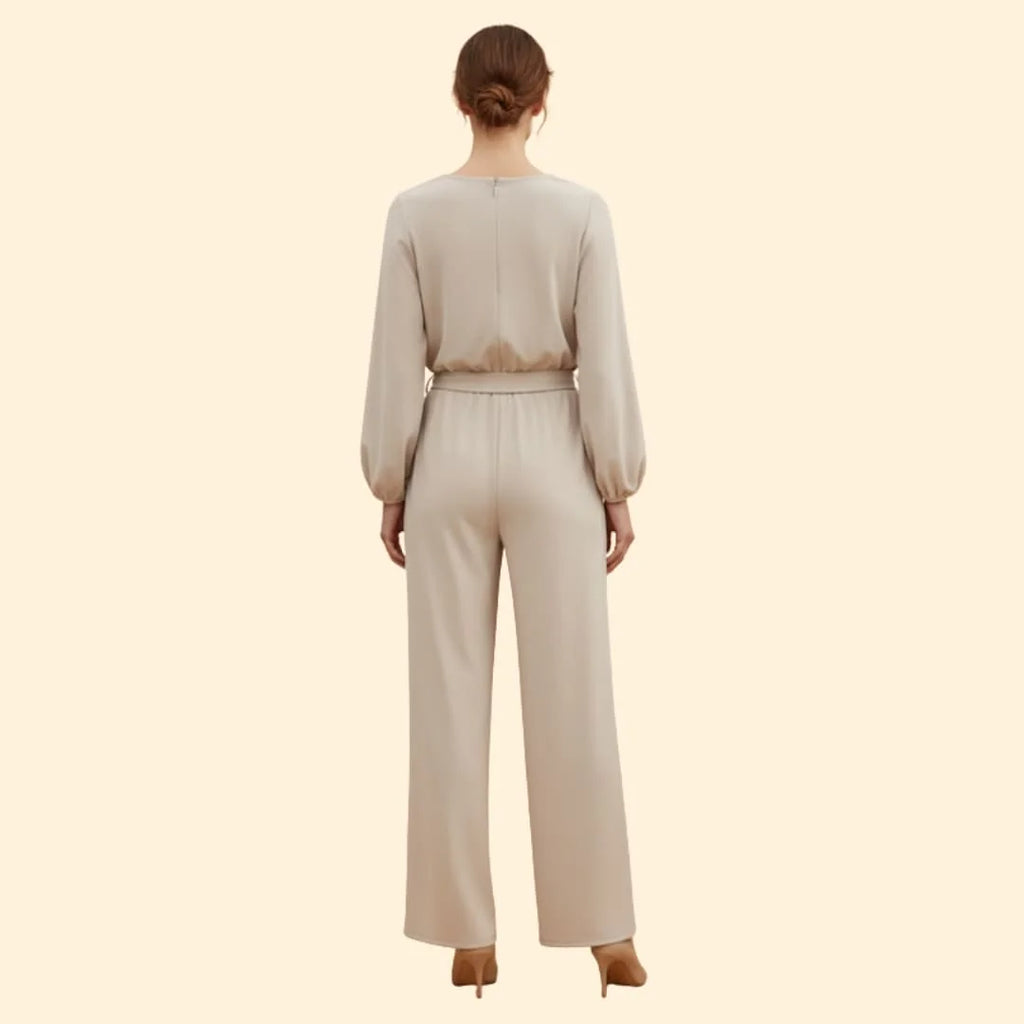 Apricot Women's Belted Wide-Leg Jumpsuits — Adelaide Stretchy Long Sleeve Tie-Waist - Back Full