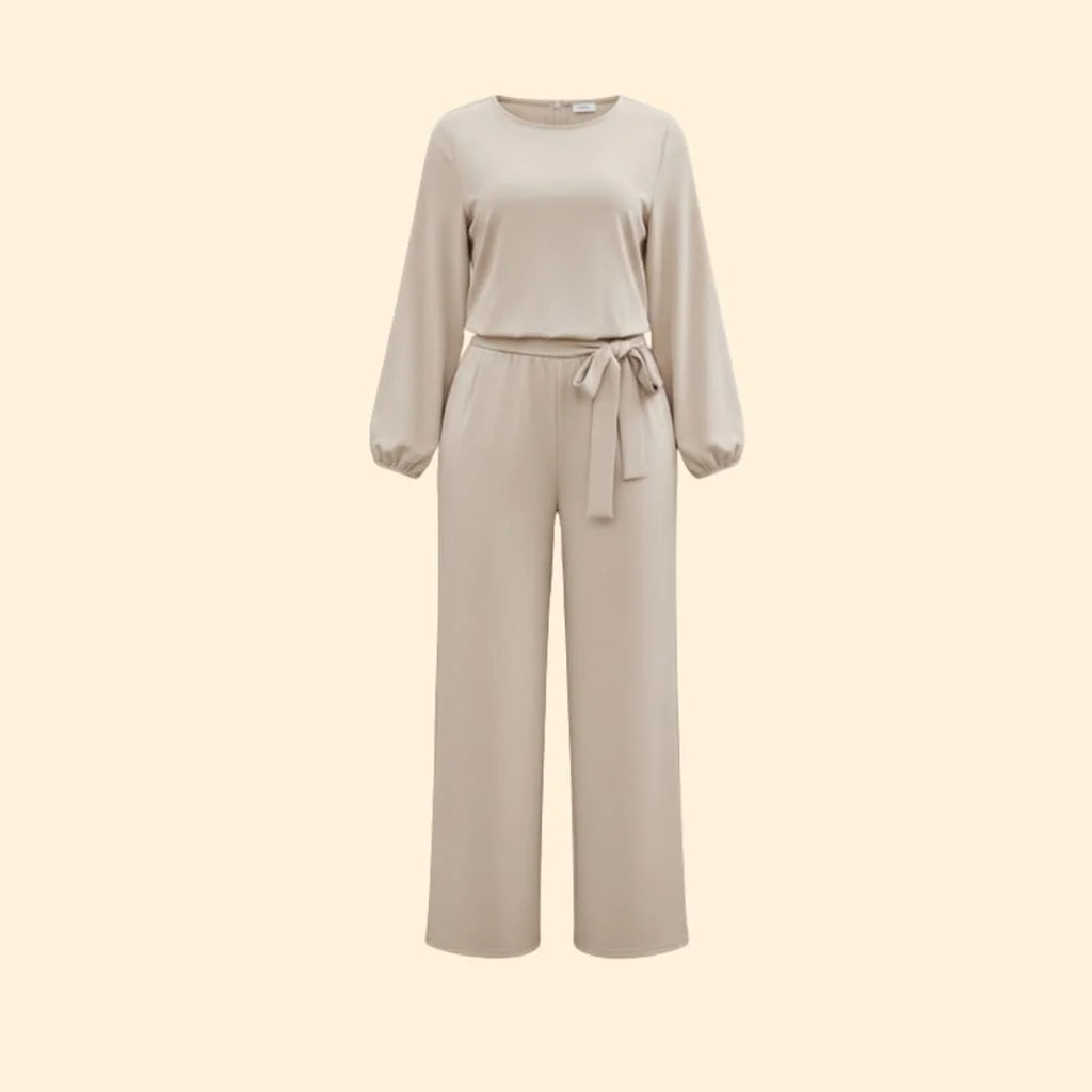 Apricot Women's Belted Wide-Leg Jumpsuits — Adelaide Stretchy Long Sleeve Tie-Waist - Flat Front