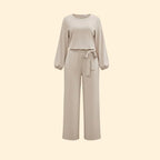 Apricot Women's Belted Wide-Leg Jumpsuits — Adelaide Stretchy Long Sleeve Tie-Waist - Flat Front