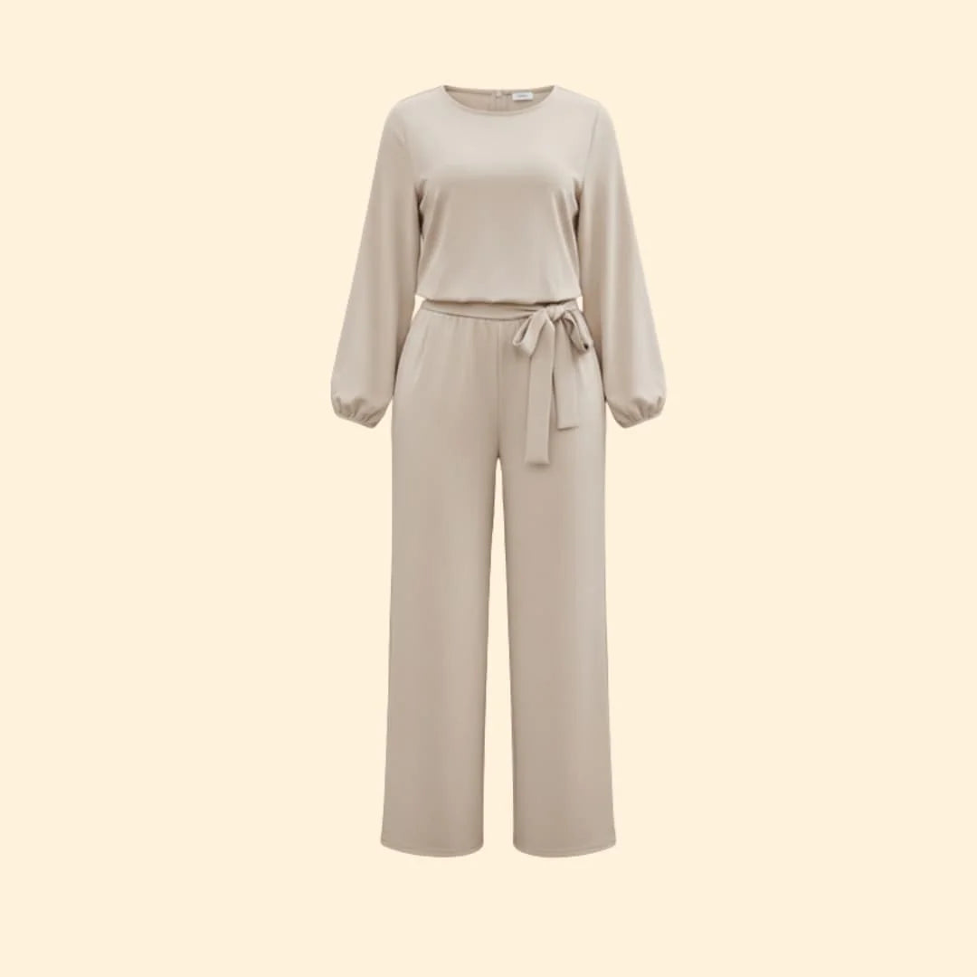 Apricot Women's Belted Wide-Leg Jumpsuits — Adelaide Stretchy Long Sleeve Tie-Waist - Flat Front