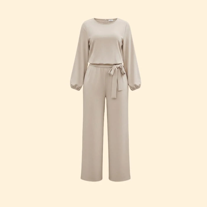 Apricot Women's Belted Wide-Leg Jumpsuits — Adelaide Stretchy Long Sleeve Tie-Waist - Flat Front