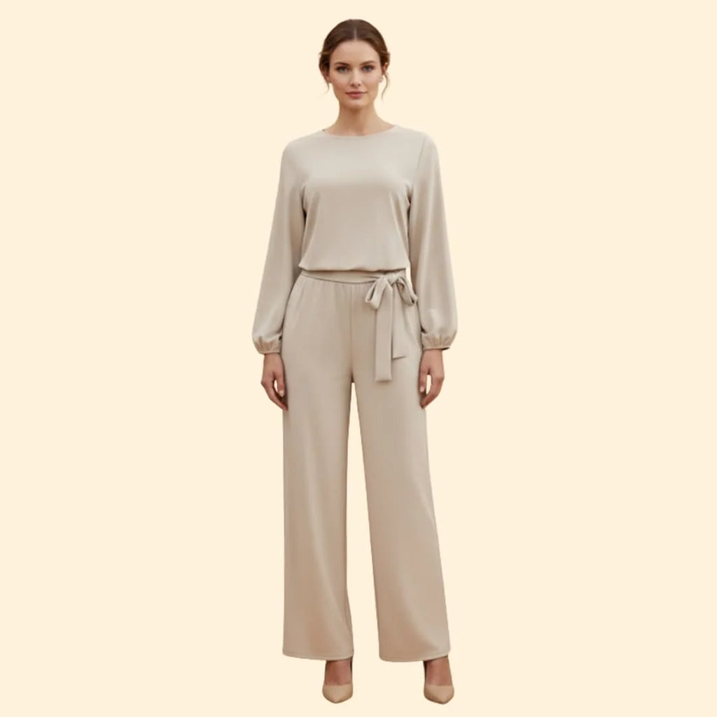 Apricot Women's Belted Wide-Leg Jumpsuits — Adelaide Stretchy Long Sleeve Tie-Waist - Front Full
