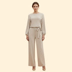 Apricot Women's Belted Wide-Leg Jumpsuits — Adelaide Stretchy Long Sleeve Tie-Waist - Front Full
