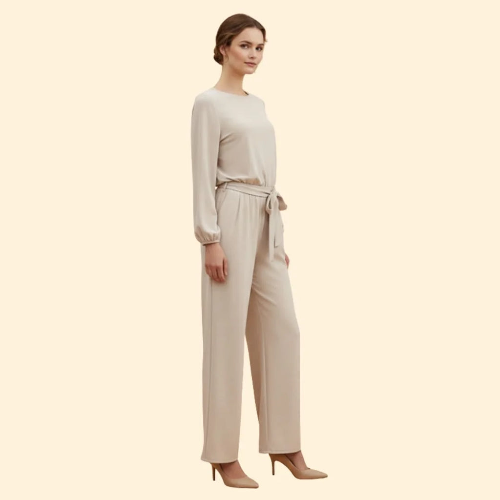 Apricot Women's Belted Wide-Leg Jumpsuits — Adelaide Stretchy Long Sleeve Tie-Waist - Side Angle