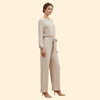 Apricot Women's Belted Wide-Leg Jumpsuits — Adelaide Stretchy Long Sleeve Tie-Waist - Side Angle