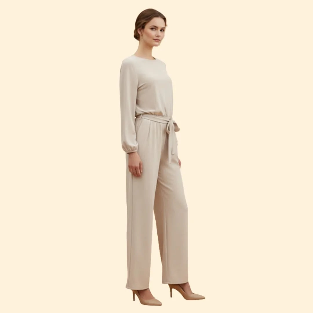 Apricot Women's Belted Wide-Leg Jumpsuits — Adelaide Stretchy Long Sleeve Tie-Waist - Side Angle