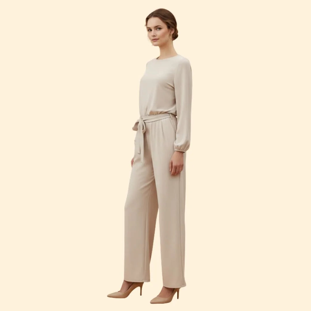 Apricot Women's Belted Wide-Leg Jumpsuits — Adelaide Stretchy Long Sleeve Tie-Waist - Side Pose