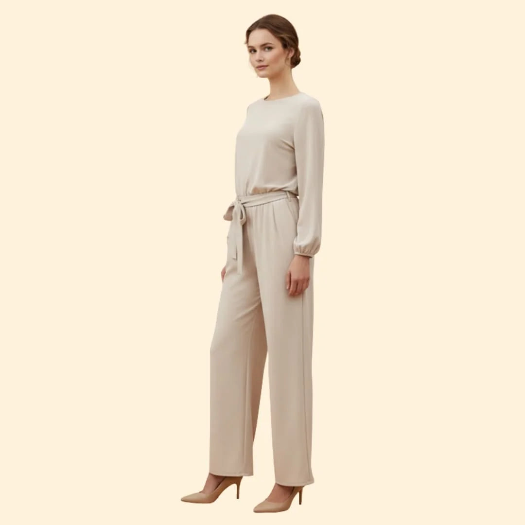 Apricot Women's Belted Wide-Leg Jumpsuits — Adelaide Stretchy Long Sleeve Tie-Waist - Side Pose