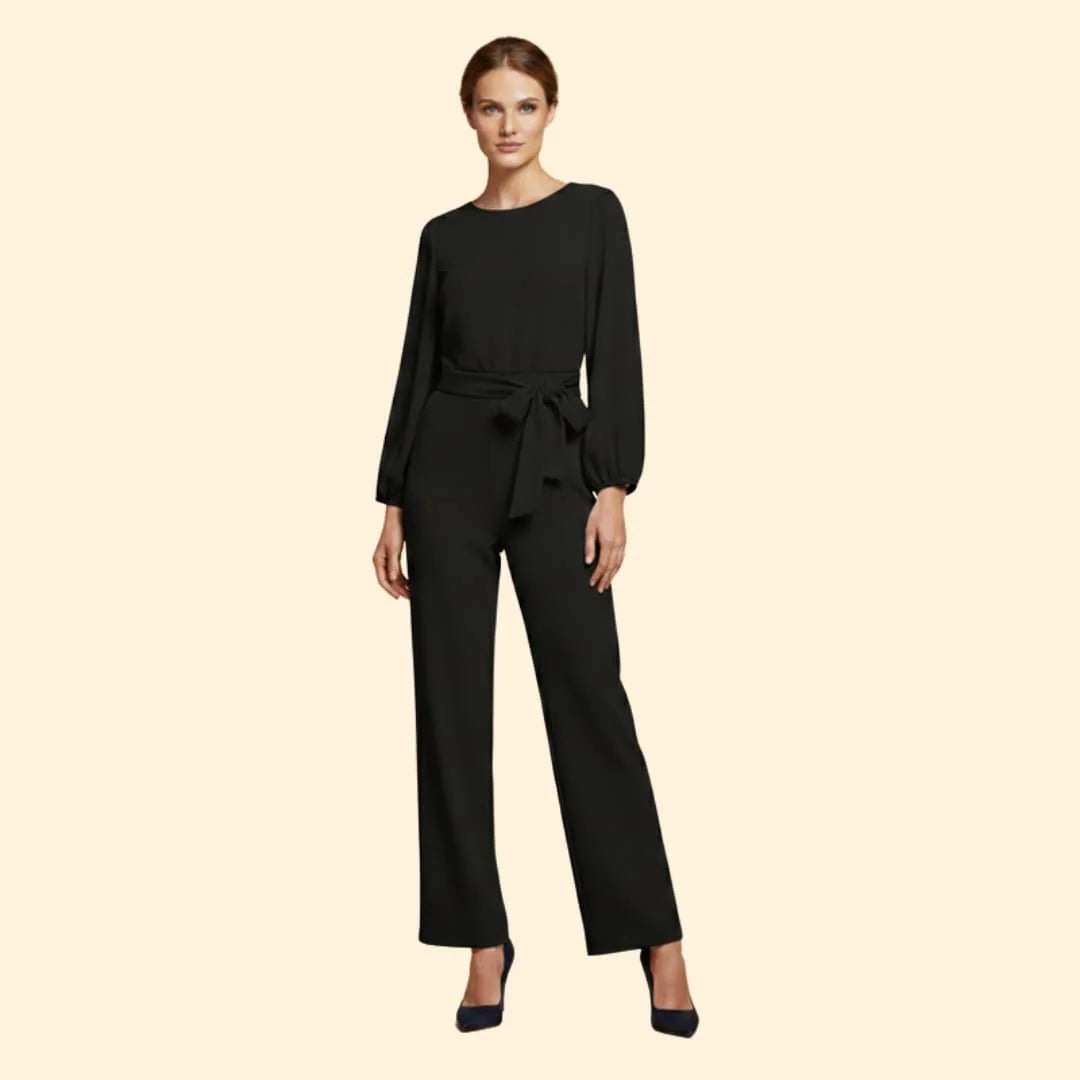 Black Women's Belted Wide-Leg Jumpsuits — Adelaide Stretchy Long Sleeve Tie-Waist - Front
