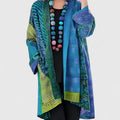 Blue Women's Boho Patchwork Long Cardigan — Nadine Satin Kimono Duster - Front Full