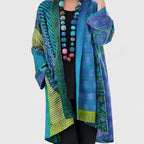 Blue Women's Boho Patchwork Long Cardigan — Nadine Satin Kimono Duster - Front Full