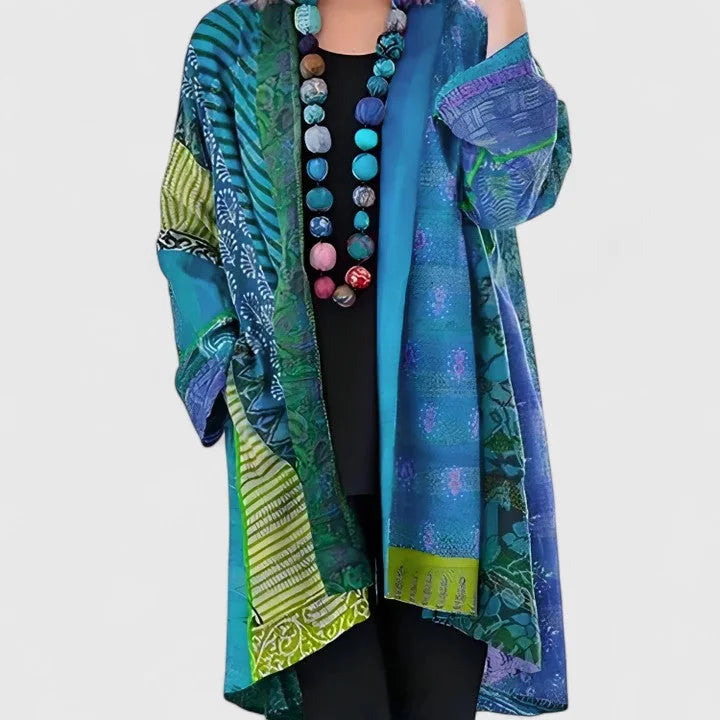Blue Women's Boho Patchwork Long Cardigan — Nadine Satin Kimono Duster - Front Full