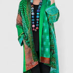 Green Women's Boho Patchwork Long Cardigan — Nadine Satin Kimono Duster - Front Worn Detail